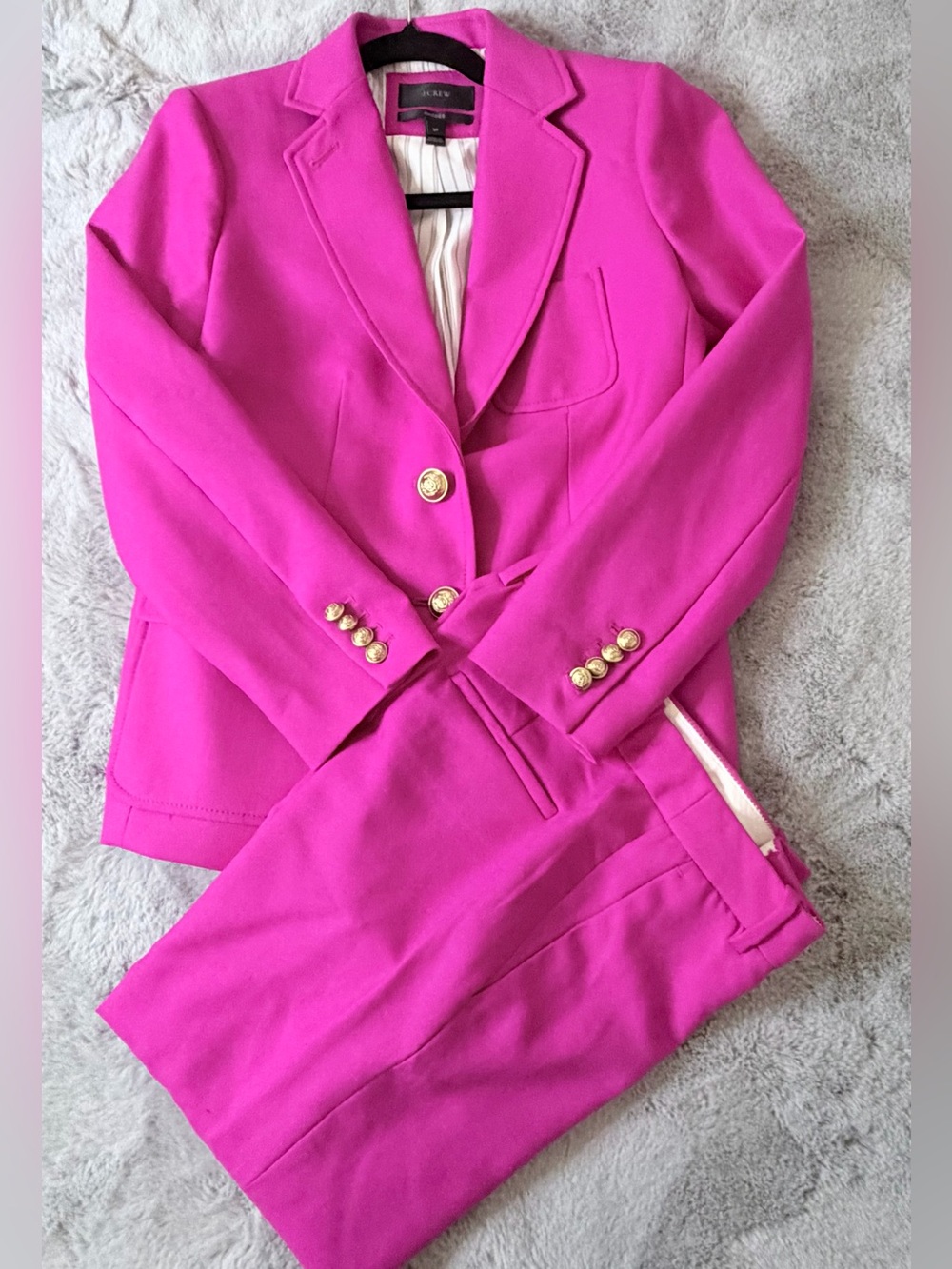 J. Crew Rhodes Suit Set Hot Pink Gold Crest Button Blazer 2P & Trouser Pants 0